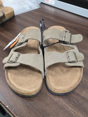 George Size 13 Grey Beige Leather Slide Sandal